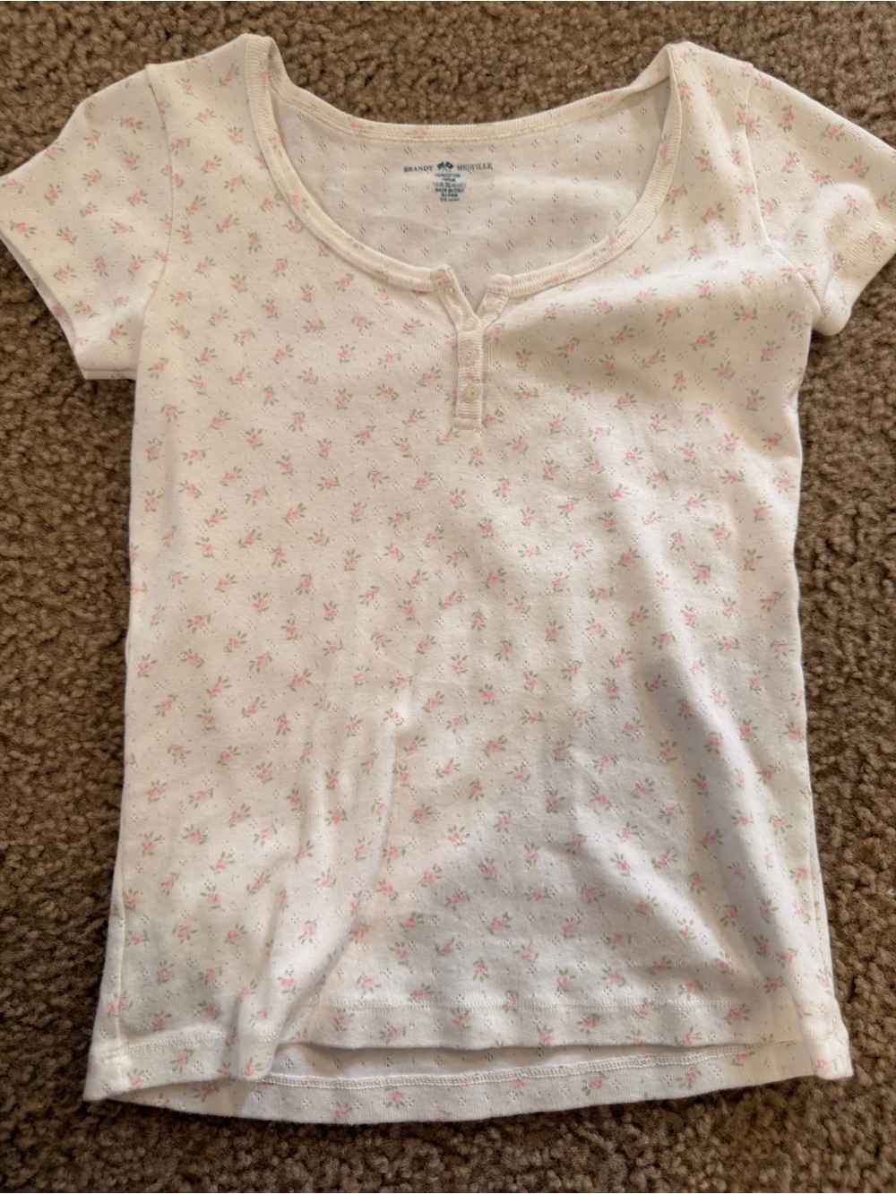 Brandy Melville Cream Short Sleeve Henley Tee with Pink Floral Print